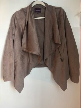 Vigoss Taupe Suede-Effect Draped Open-Front Jacket